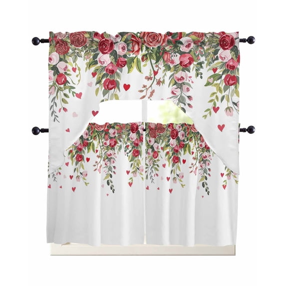 Valentine's Day Swag Curtains for Living Room/Bedroom Windows, Watercolor Roses Flowers Leaves Spring Kitchen Curtains and Valances Set 36 Inch Length, Light Filtering Swags Valance Curtain Panels