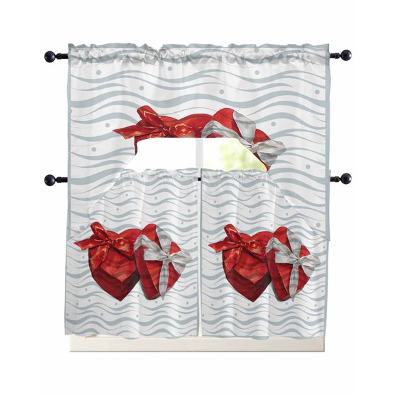 Valentine's Day Swag Kitchen Curtains Sets for Windows 24 Inch Length, Red Love Gift Box Abstract Dots Stripes Short Window Curtain Panels Swags Valances and Tiers 3 Piece Set for Cafe/Dining Room