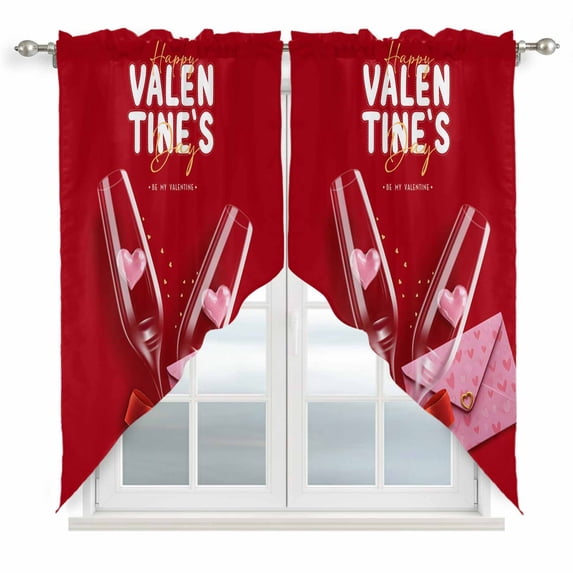 Valentine's Day Swag Valances for Windows, Kitchen Curtains 36 Inch Length 2 Panels Set, Pink Love Glass Cups Bow Envelope Simple Red Short Curtains for Small Windows Rod Pocket Cafe Curtains 28"x36"