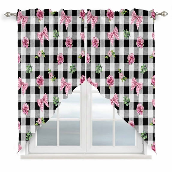 Valentine's Day Swag Valances for Windows, Kitchen Curtains 36 Inch Length 2 Panels Set, Spring Roses Pink Bows Black White Plaid Short Curtains for Small Windows Rod Pocket Cafe Curtains 28"x36"