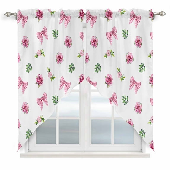 Valentine's Day Swag Valances for Windows, Kitchen Window Curtains Over Sink, Spring Roses Romantic Pink Bows Leaves Window Treatment Curtains for Living Room/Bedroom Curtains 2 Panel Sets 36"x45"
