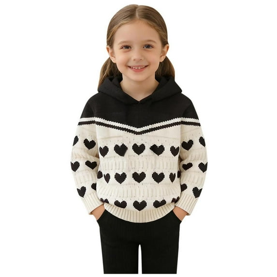 Valentine's Day Sweater For Girls Hooded Long Sleeve Heart Print Pullover Casual Trendy Knitted Tops (5-6 Years, Black)