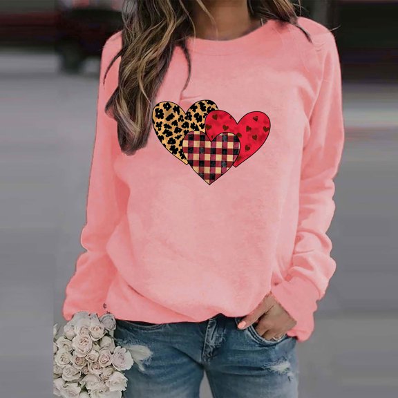 Valentine's Day Sweatshirt Women, Leopard Print Heart Sweatshirt, Crew Neck Long Sleeve Sweatshirts Ladies Casual Valentines Day Printed Long Sleeved Round Neck Tops