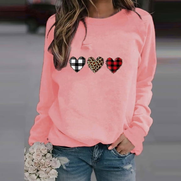 Valentine's Day Sweatshirt Women, Leopard Print Heart Sweatshirt, Crew Neck Long Sleeve Sweatshirts Ladies Casual Valentines Day Printed Long Sleeved Round Neck Tops