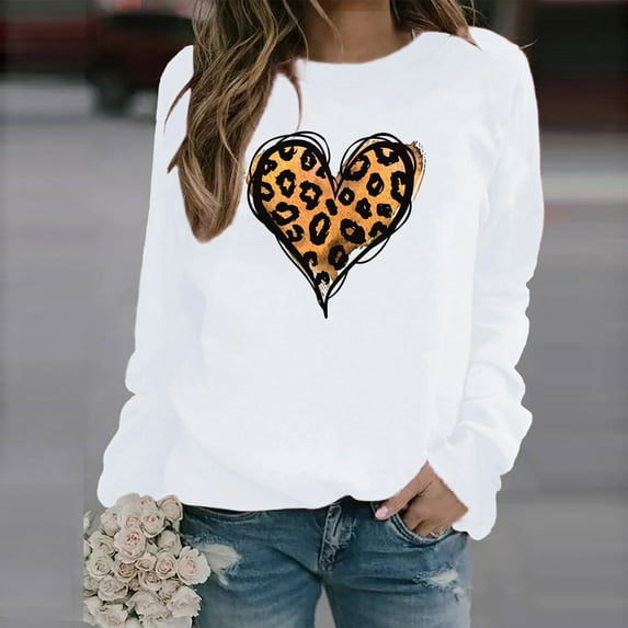 Valentine's Day Sweatshirt Women, Leopard Print Heart Sweatshirt, Crew Neck Long Sleeve Sweatshirts Ladies Casual Valentines Day Printed Long Sleeved Round Neck Tops