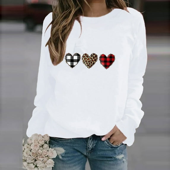 Valentine's Day Sweatshirt Women, Leopard Print Heart Sweatshirt, Crew Neck Long Sleeve Sweatshirts Ladies Casual Valentines Day Printed Long Sleeved Round Neck Tops