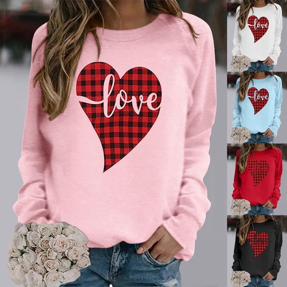 Valentine's Day Sweatshirt for Women 2026 Love Heart Graphic Pullover Crewneck Long Sleeve Tops Valentines Sweatshirt Pink M