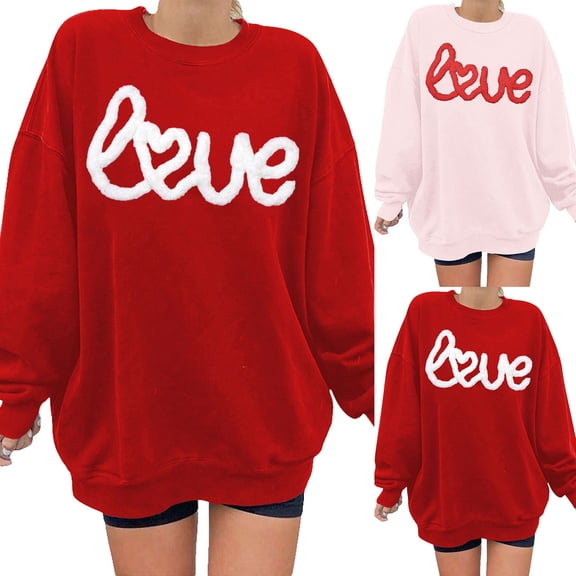 Valentine's Day Sweatshirt for Women 2026 Love Heart Graphic Pullover Crewneck Long Sleeve Tops Valentines Sweatshirt Pink S