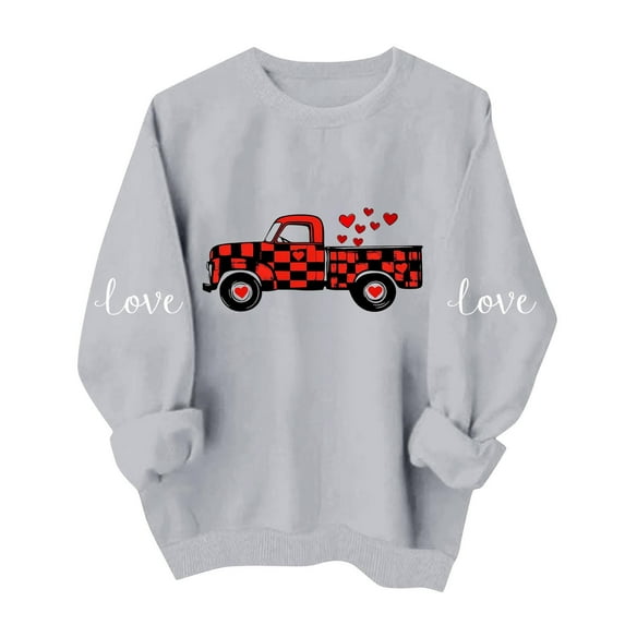 Valentine's Day Sweatshirt for Women Cute Graphic Pullover Oversized Fleece Vintage Love Truck Buffalo Plaid Hearts Gray,Size L