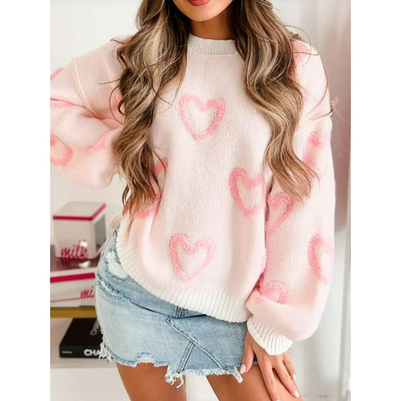 Valentine’s Day Sweatshirt for Women Heart Printed Long Sleeve Pullover Jumper Tops Oversized Love Sweater Tops