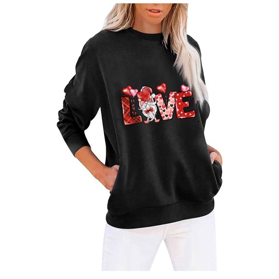 Valentine's Day Sweatshirt for Women Long Sleeve Crew Neck Casual Pullover Tops with Pockets Graphic Printed Cute Shirt(Black,XXL)