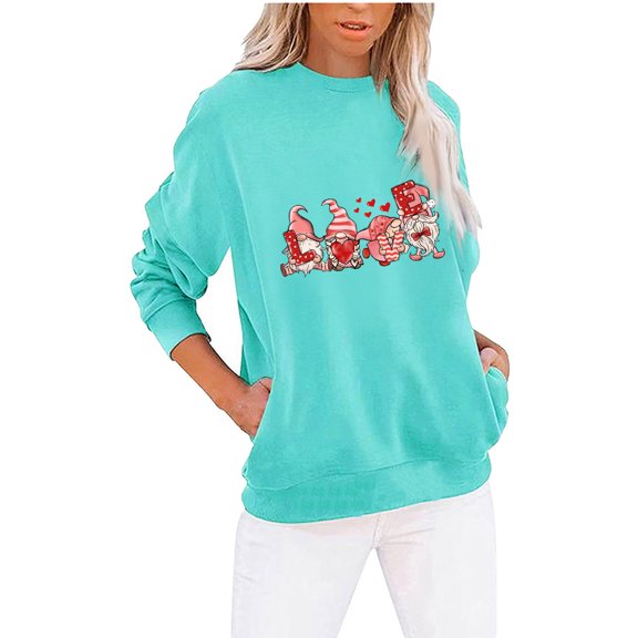 Valentine's Day Sweatshirt for Women Long Sleeve Crew Neck Casual Pullover Tops with Pockets Graphic Printed Cute Shirt(Mint Green,XXL)