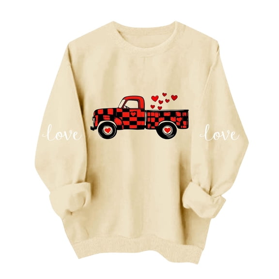 Valentine's Day Sweatshirt for Women Oversized Love Truck Buffalo Plaid Hearts Graphic Soft Fleece Pullover Beige,Size XL