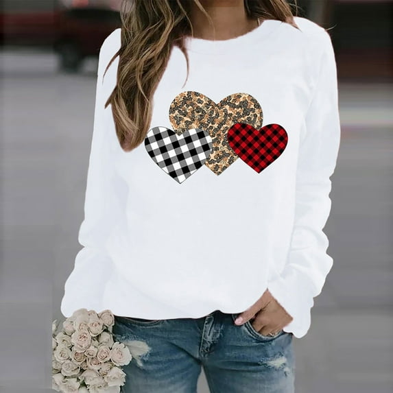 Valentine's Day Sweatshirts for Women, Leopard Heart Sweatshirt, Crewneck Sweatshirts Women Loose Graphic Long Sleeve Pullover Tops Fashion Long Sleeved Printed Sweatershirt Tops