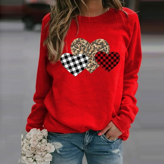 Valentine's Day Sweatshirts for Women, Leopard Heart Sweatshirt, Crewneck Sweatshirts Women Loose Graphic Long Sleeve Pullover Tops Fashion Long Sleeved Printed Sweatershirt Tops