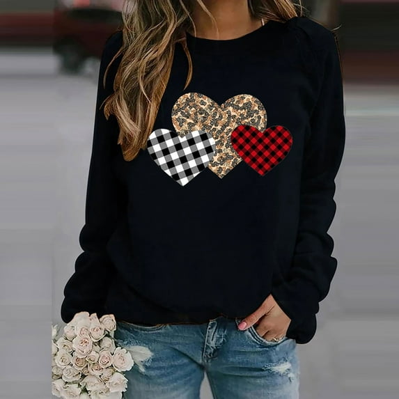 Valentine's Day Sweatshirts for Women, Leopard Heart Sweatshirt, Crewneck Sweatshirts Women Loose Graphic Long Sleeve Pullover Tops Fashion Long Sleeved Printed Sweatershirt Tops