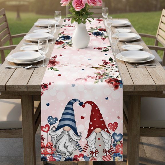 Valentine's Day Sweet Couple Gnome Table Runner 13x36in Non-Slip Cotton Linen Table Runners, Rose Leaf Present Love Dresser Scarves TableRunner for Dinner Kitchen Dining Wedding Party