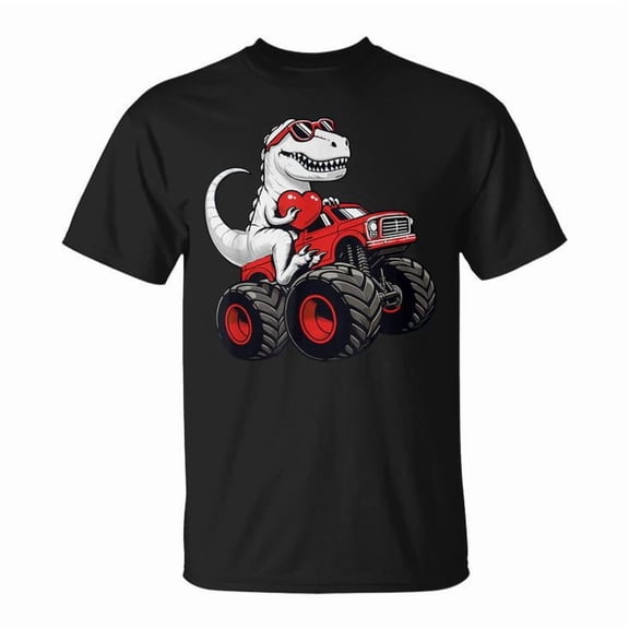 Valentine’s Day T-Rex Riding Monster Truck Graphic Tee Toddler Boys Youth Cotton Shirt for February 14 Celebration, Fun Dinosaur Outfit, Cute Gift Idea for Kids, Size 3XL, Color Black