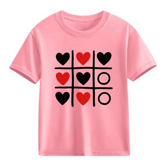 Valentine's Day T-Shirt for Girls | Heart Tic Tac Toe Print Short Sleeve Kids Tee 100% Cotton | Pink Casual Graphic Top Age 4-10 Holiday Party,Size 7 T