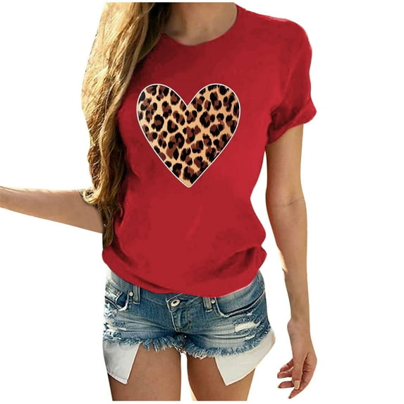 Valentine's Day T Shirt Women Sexy Leopard Heart Print Tees Cute Holiday Short Sleeve Crewneck Tops