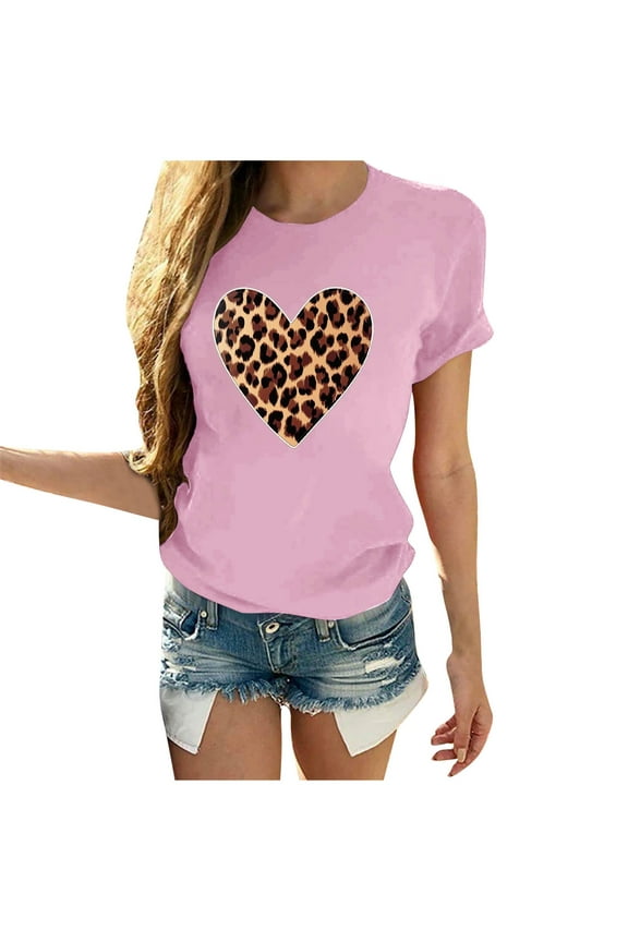 Valentine's Day T Shirt Women Sexy Leopard Heart Print Tees Cute Holiday Short Sleeve Crewneck Tops