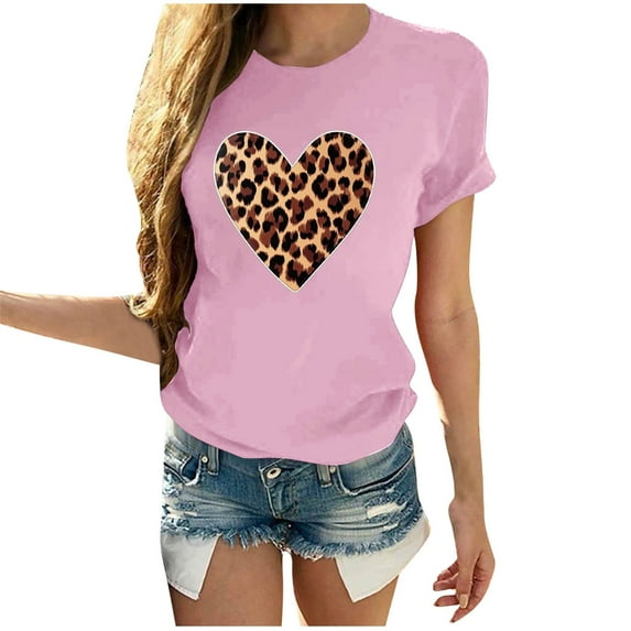 Valentine's Day T Shirt Women Sexy Leopard Heart Print Tees Cute Holiday Short Sleeve Crewneck Tops