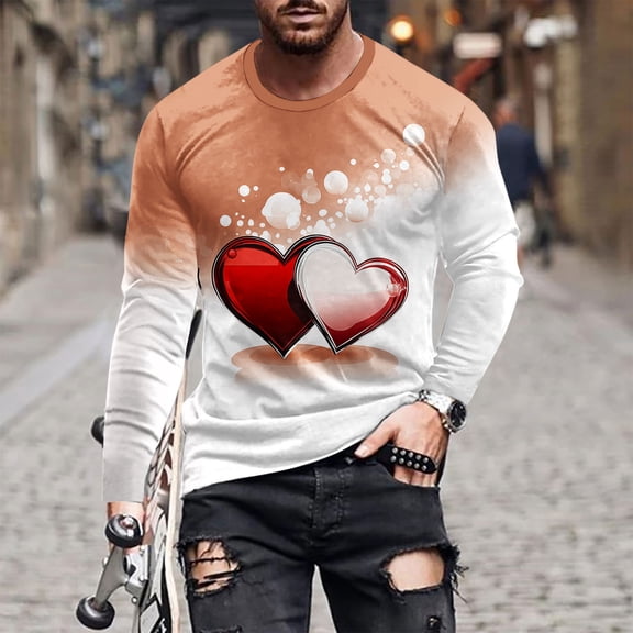Valentine's Day T-Shirt for Men, Long Sleeve Graphic Shirts Men, Men Casual Fashion Printing Round Neck Pullover T-Shirt Long Sleeved Tops