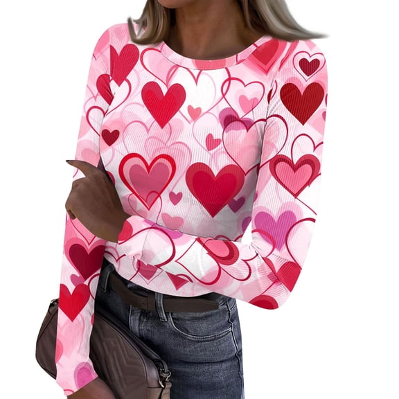Valentine's Day T-Shirt for Women Long Sleeve Stretch Crewneck Ribbed Heart Print Fitted Casual Basic Top 2026 Fall Winter Wear Pink S