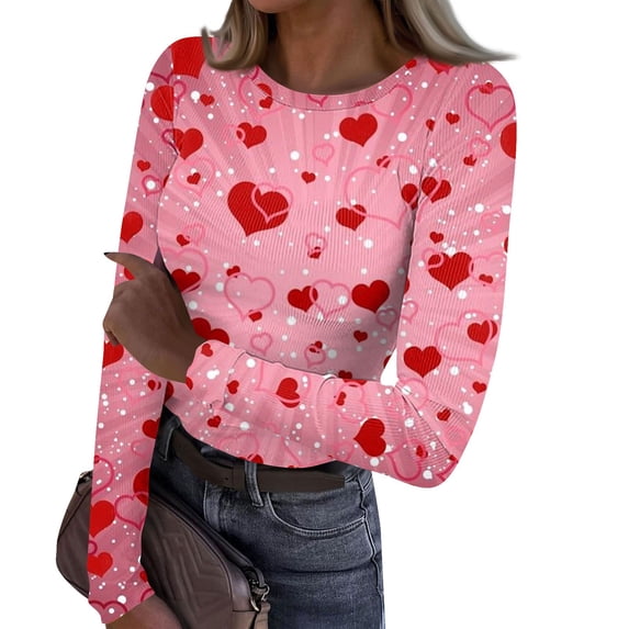Valentine's Day T-Shirt for Women Long Sleeve Stretch Crewneck Ribbed Heart Print Fitted Casual Basic Top 2026 Fall Winter Wear Red 2XL