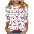 thumbnail image 1 of Valentine's Day T-Shirt for Women Loose 3/4 Sleeve Heart Print Shirts Casual Crew Neck Blouses Three-quarter Sleeve Pullover Top, 1 of 5