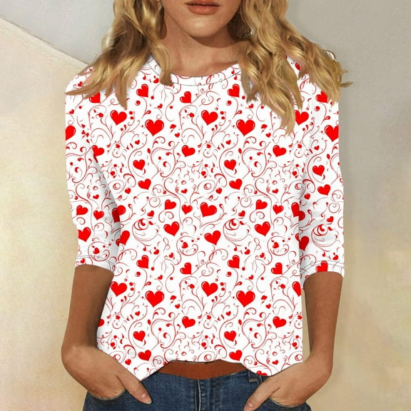 Valentine's Day T-Shirts, Valentines Day Graphic Tee, 3/4 Sleeve Tops for Women Women's Fashion Printing Casual Round-Neck 3/4 Sleeved T-Shirt Blouse