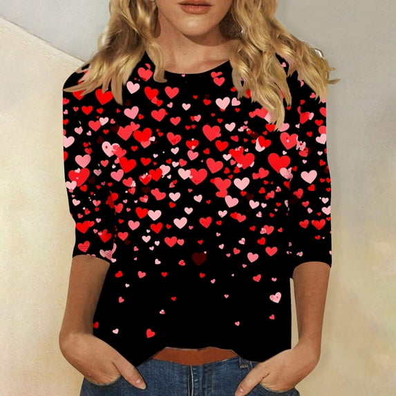 Valentine's Day T-Shirts, Valentines Day Graphic Tee, 3/4 Sleeve Tops for Women Women's Fashion Printing Casual Round-Neck 3/4 Sleeved T-Shirt Blouse
