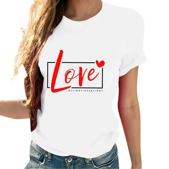Valentine's Day T Shirts for Women Casual Girl Friend Gift Blouses Love Heart Graphic Printed Tees Short Sleeve Round Neck Top