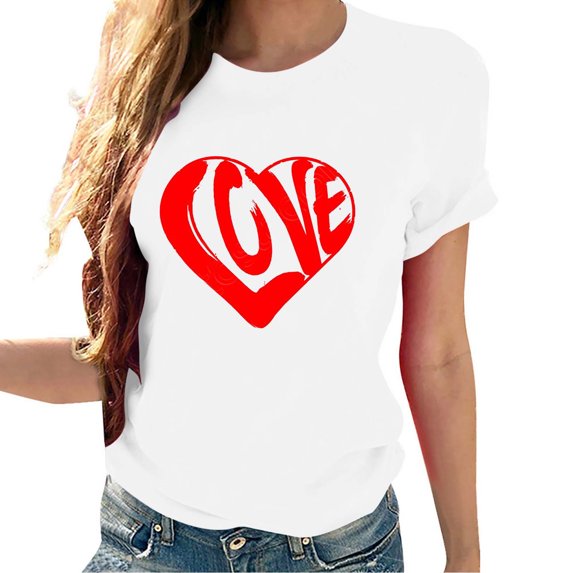 Valentine's Day T Shirts for Women Casual Girl Friend Gift Blouses Love Heart Graphic Printed Tees Short Sleeve Round Neck Top