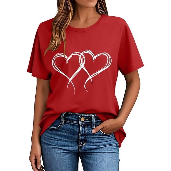 Valentine's Day T-Shirts for Women Graphic Round Neck Short Sleeve Women's Top Red XXL
