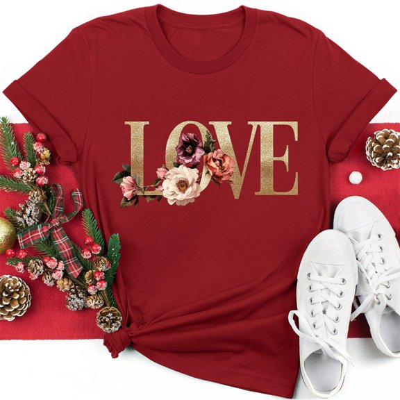 Valentine's Day T-shirts for Women Valentine's Day Fashion Flower and LOVE Letter Print Shirts Short Sleeve Round Neck Pullover Blouses Tops Spring Summer Clothes