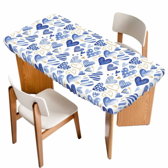 Valentine's Day Table Cloths for 3 Foot Rectangle Tables, Blue Heart Love Modern Romantic Minimalist Patio Waterproof Elastic Fitted Tablecloths, Washable Rectangular Table Cover for Camping