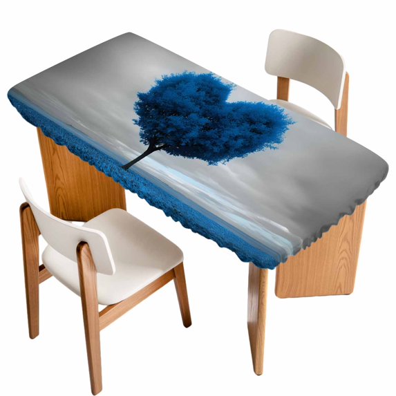 Valentine's Day Table Cloths for 3 Foot Rectangle Tables, Blue Heart Love Trees Romance Spring Patio Waterproof Elastic Fitted Tablecloths, Washable Rectangular Table Cover for Camping