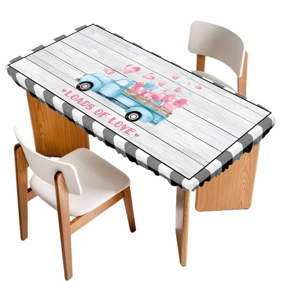Valentine's Day Table Cloths for 3 Foot Rectangle Tables, Blue Love Truck Buffalo Plaid Romantic Wood Patio Waterproof Elastic Fitted Tablecloths, Washable Rectangular Table Cover for Camping