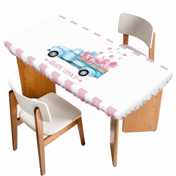 Valentine's Day Table Cloths for 3 Foot Rectangle Tables, Blue Truck Love Pink Plaid Romantic Patio Waterproof Elastic Fitted Tablecloths, Washable Rectangular Table Cover for Camping
