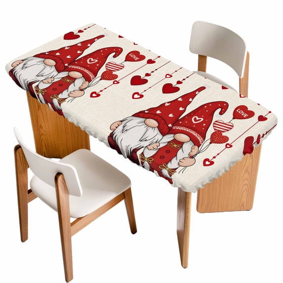 Valentine's Day Table Cloths for 3 Foot Rectangle Tables, Farmhouse Red Gnomes Love Balloons Patio Waterproof Elastic Fitted Tablecloths, Washable Rectangular Table Cover for Camping