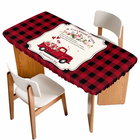 Valentine's Day Table Cloths for 3 Foot Rectangle Tables, Floral Love Heart Romantic Roses Plaid Patio Waterproof Elastic Fitted Tablecloths, Washable Rectangular Table Cover for Camping