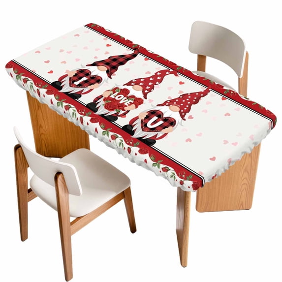 Valentine's Day Table Cloths for 3 Foot Rectangle Tables, Love Heart Roses Gnomes Romantic Patio Waterproof Elastic Fitted Tablecloths, Washable Rectangular Table Cover for Camping