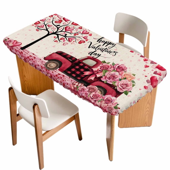 Valentine's Day Table Cloths for 3 Foot Rectangle Tables, Love Tree Branches Truck Roses Beige Patio Waterproof Elastic Fitted Tablecloths, Washable Rectangular Table Cover for Camping