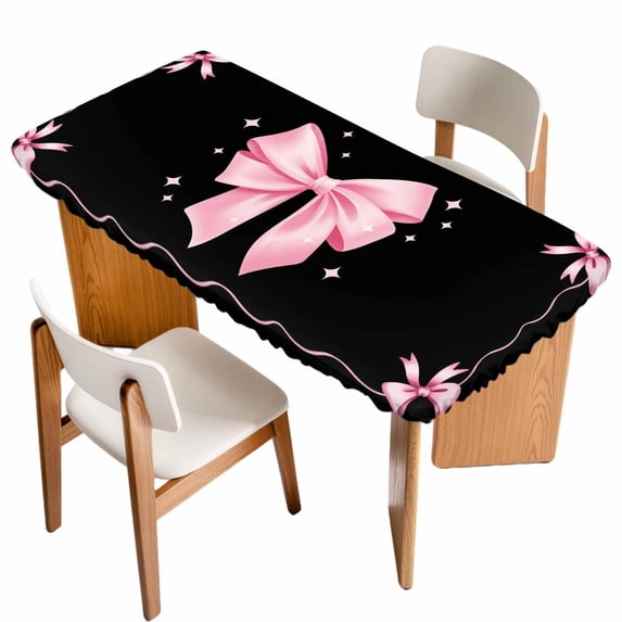 Valentine's Day Table Cloths for 3 Foot Rectangle Tables, Pink Bowknot Ribbon on Black Mother's Day Patio Waterproof Elastic Fitted Tablecloths, Washable Rectangular Table Cover for Camping