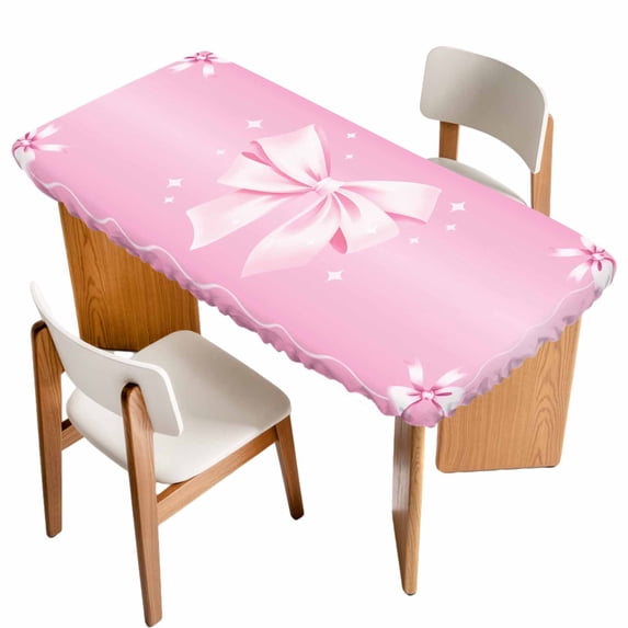 Valentine's Day Table Cloths for 3 Foot Rectangle Tables, Pink Bowknot Ribbon Modern Mother's Day Patio Waterproof Elastic Fitted Tablecloths, Washable Rectangular Table Cover for Camping