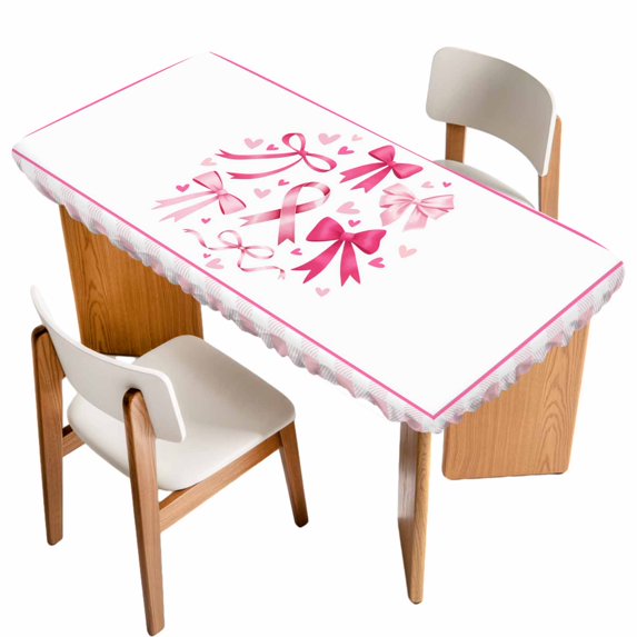 Valentine's Day Table Cloths for 3 Foot Rectangle Tables, Pink Bows Romantic Love Heart Checkered Patio Waterproof Elastic Fitted Tablecloths, Washable Rectangular Table Cover for Camping