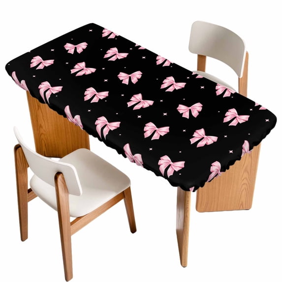 Valentine's Day Table Cloths for 3 Foot Rectangle Tables, Pink Bows Shining Stars Modern Black Patio Waterproof Elastic Fitted Tablecloths, Washable Rectangular Table Cover for Camping