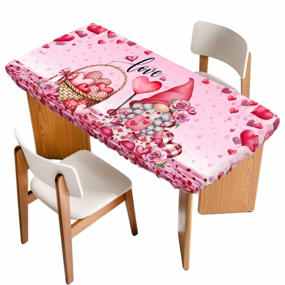 Valentine's Day Table Cloths for 3 Foot Rectangle Tables, Pink Love Gnomes Roses Ombre Romantic Patio Waterproof Elastic Fitted Tablecloths, Washable Rectangular Table Cover for Camping