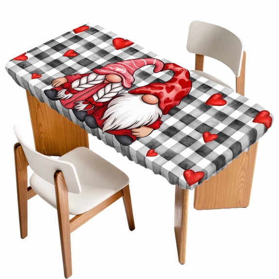 Valentine's Day Table Cloths for 3 Foot Rectangle Tables, Red Gnomes Love Checkered Buffalo Patio Waterproof Elastic Fitted Tablecloths, Washable Rectangular Table Cover for Camping
